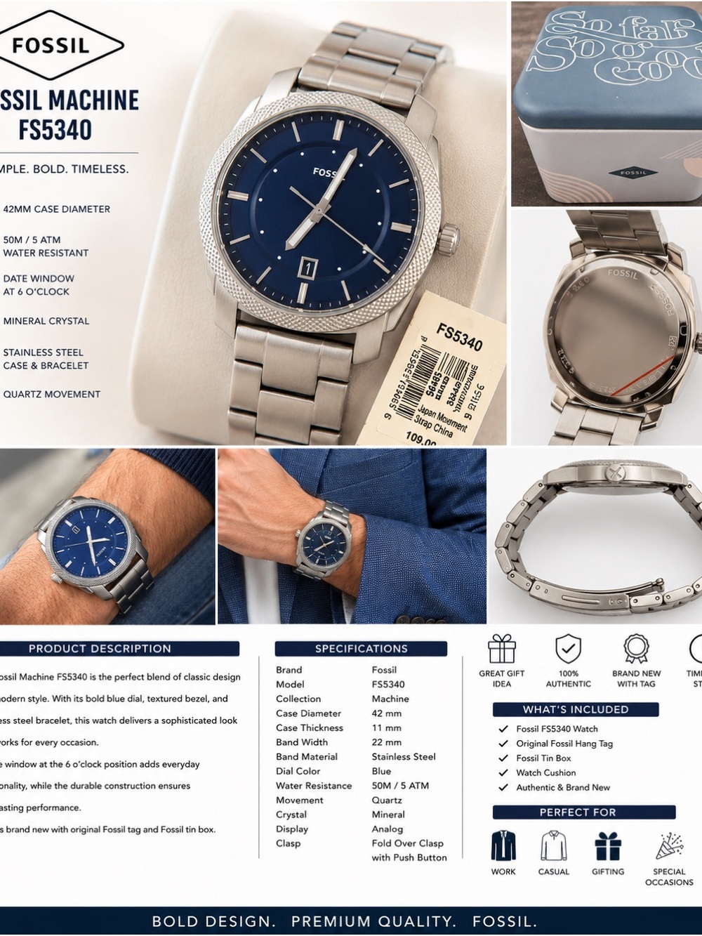 Fossil Silver Stainless Steel Watch with Blue Dial